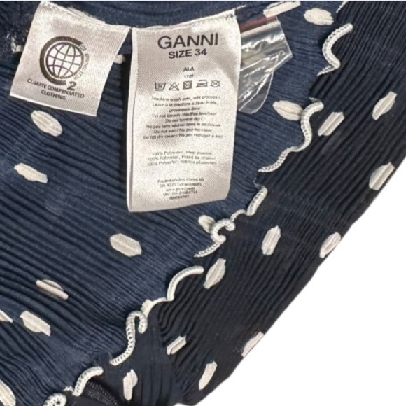 GANNI Pleated Georgette Blouse In Navy Polka Dot Size 34 - Picture 6 of 7
